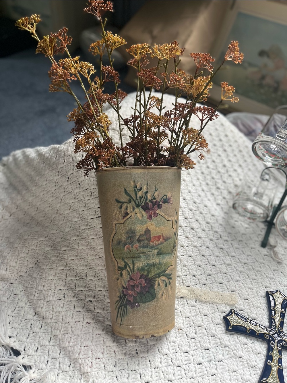 Decorative Vintage Chippy Floral Can Vase - Home Accents